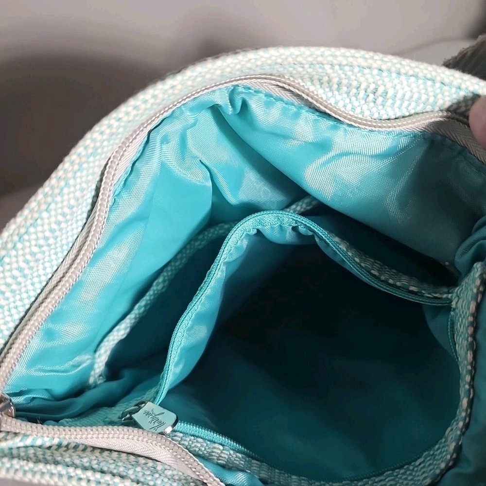 Thirty-One Crossbody Bag Medium Mint Green & Gray Monogram S VGUC 54" Strap - Picture 6 of 16